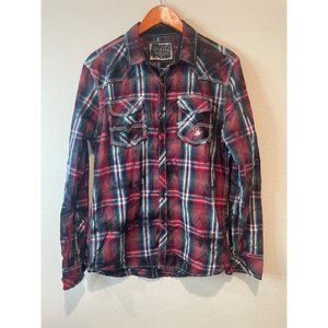 BKE Red Plaid Vintage Snap Athletic Fit LS Button Down